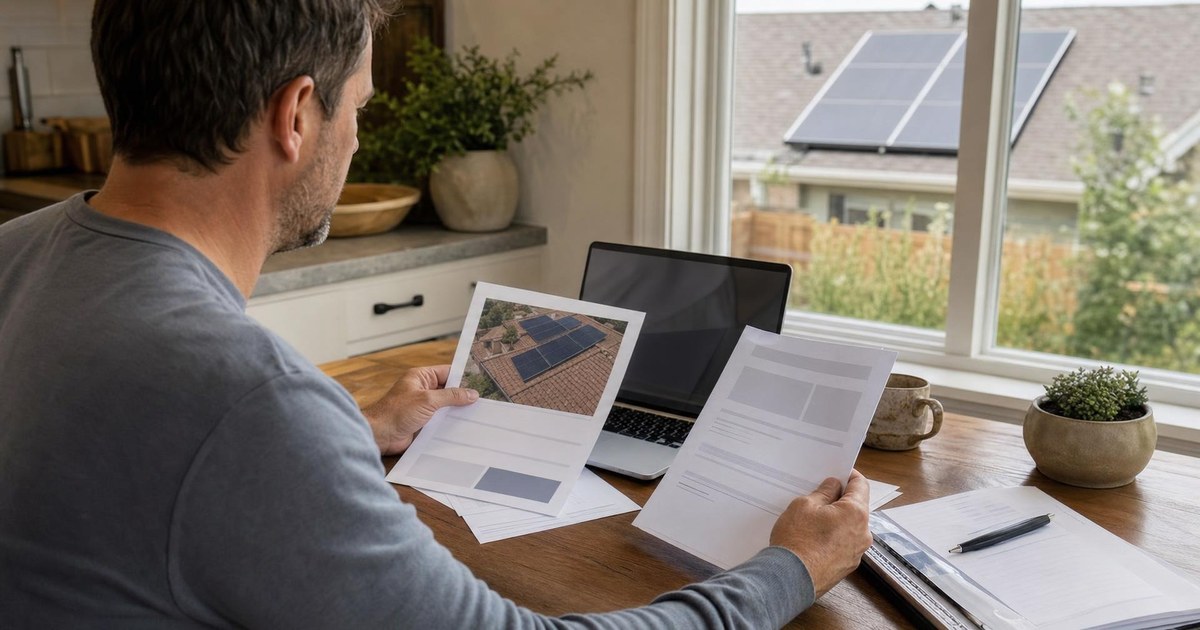 Texas homeowner comparing a rooftop solar proposal with seller registration information on a laptop.