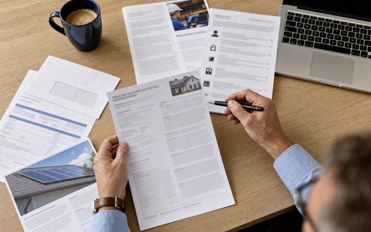 Texas solar seller and contract checklist Generic solar proposal, cancellation notice, contractor details, and registration checklist arranged for review.